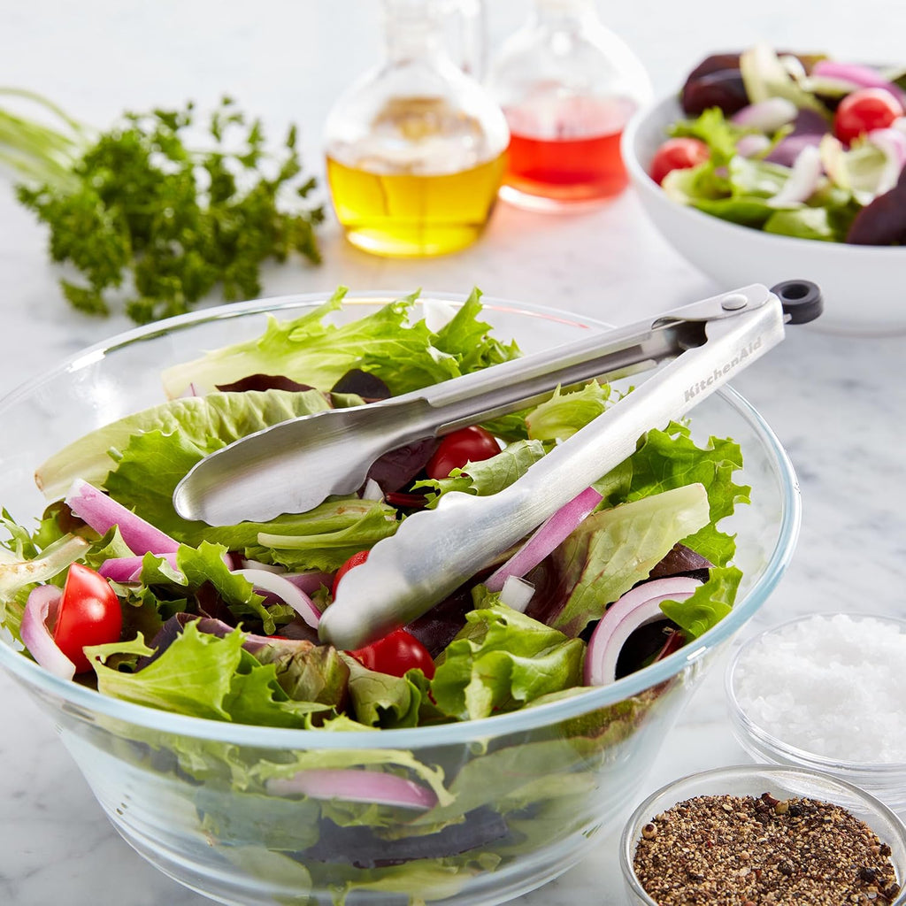 KitchenAid Set of 2 Stainless Steel Tongs with Scalloped Edges Easy Lock Dishwasher Safe Durable and Versatile Silver 7 Inch