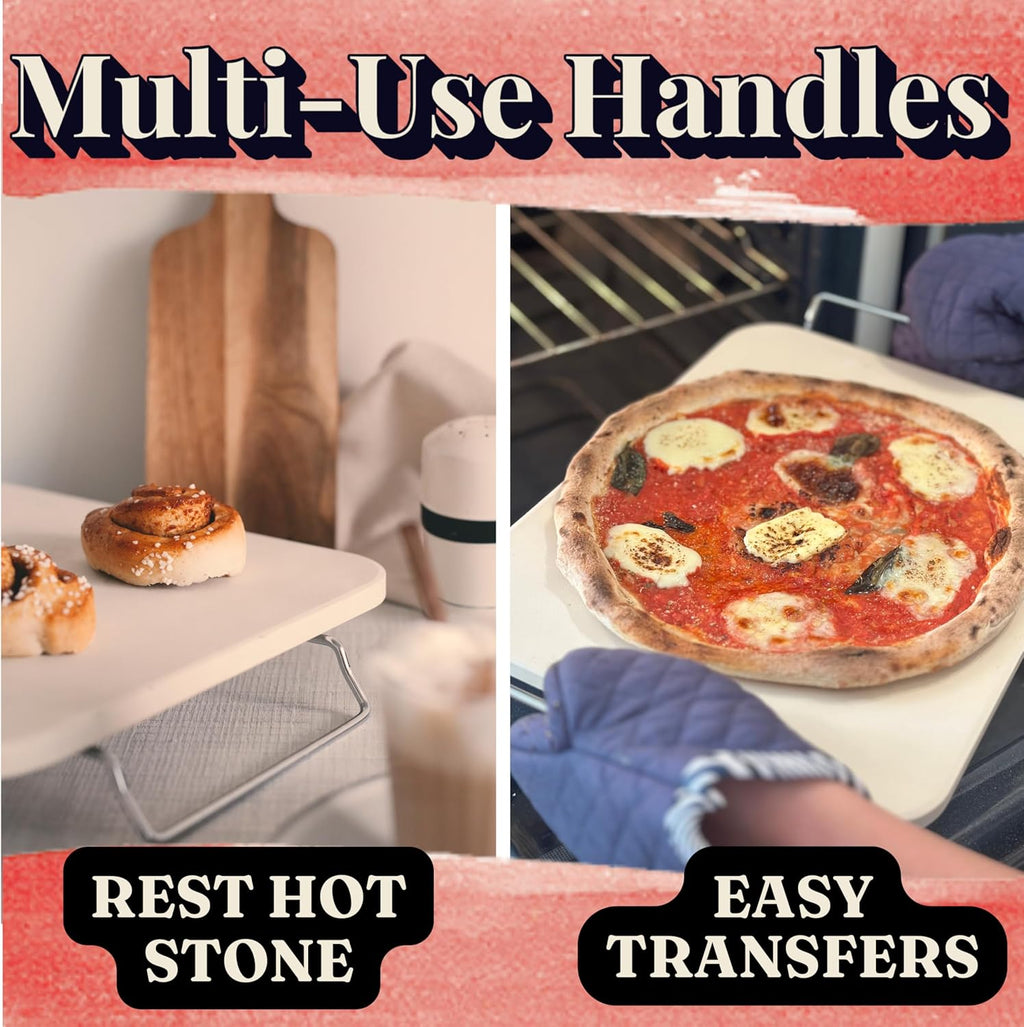 Pizza Stones for Oven - Pizza Stone for Grill with Handles, Wooden Peel and Dough Cutter - 15 inch x 12 inch Grilling Stones - Baking Stone for Bread - Pizza Making Set