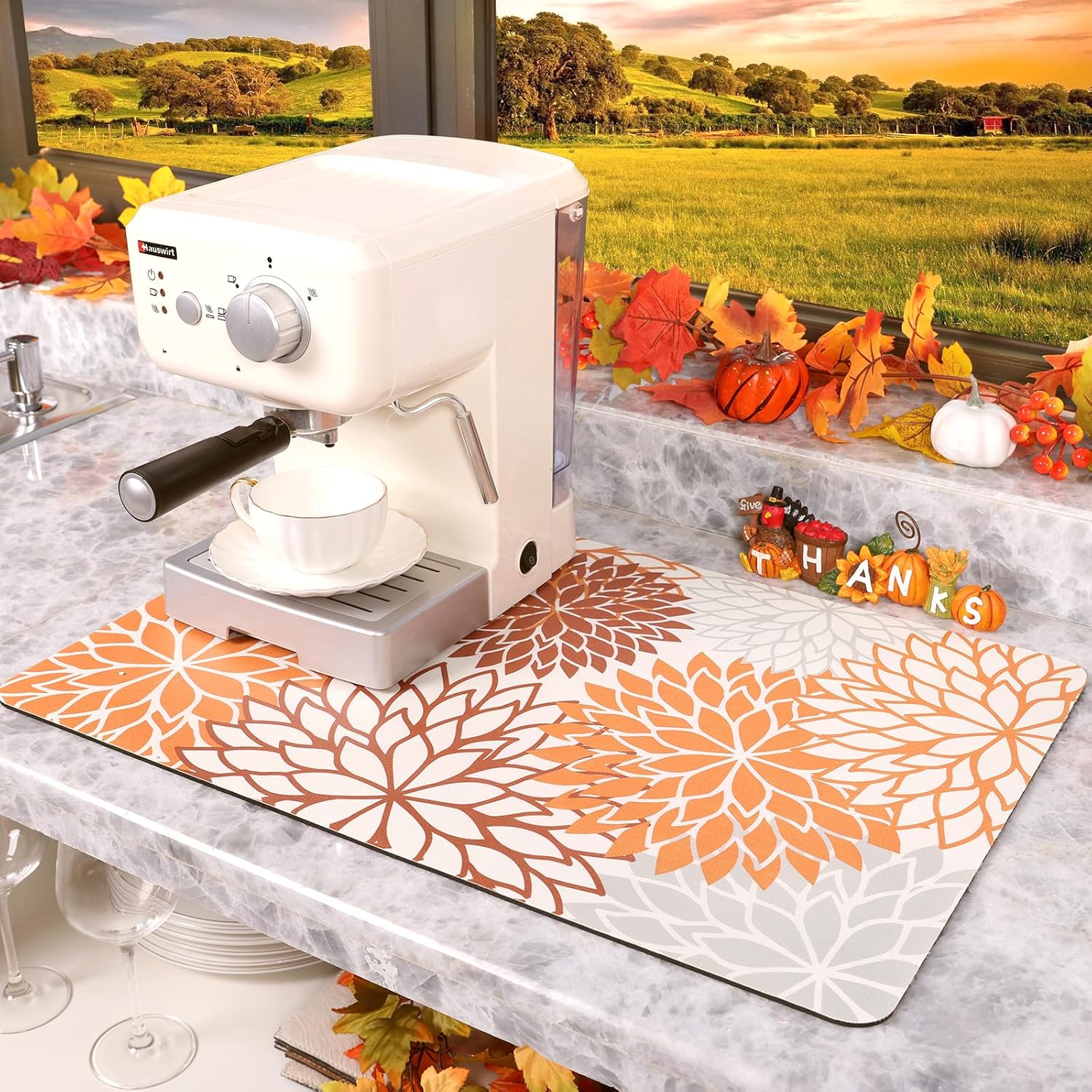 Findosom 2PCS 16" x 24" Dish Drying Mat & 24" x 5.5" Sink Splash Guard, Super Absorbent & Cuttable Dish Mat Drying Kitchen Mat with Orange Floral, Hide Stain Drying Mat for Kitchen Counter