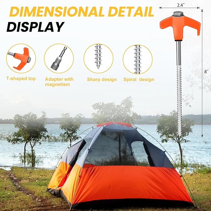 20 Pack 8" Screw in Tent Stakes Heavy Duty- Ground Anchors Screw- Tent Pegs Camping Stakes- Hex Pegs Drillable Tent Stakes and Hexagon Head Drive and Storage Box (Orange)