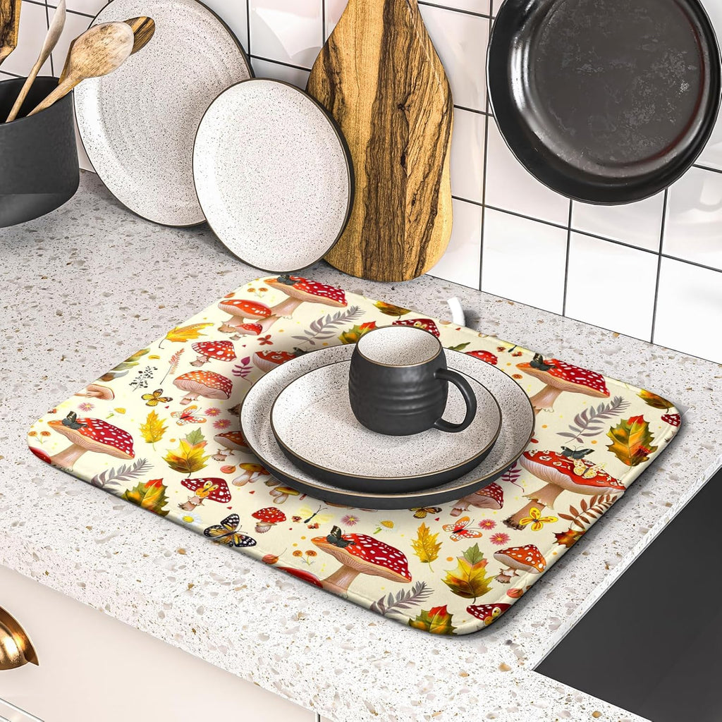 Forest Mushroom Dish Drying Mats Wild Plant Butterfly Kitchen Sink Rack Mats 16 X 18 Inch