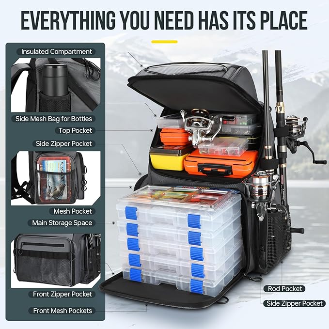 PLUSINNO Cooler Fishing Backpack with Rod Holders 45L Large Water-resistant Fishing Tackle bag Store Fishing Gear Fishing Gifts for Men Father