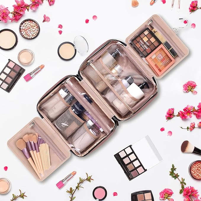 Travel Size Toiletry Bag for Women, Portable Cosmetic Bag with Hanging Hook, Travel Essentials Water-resistant Makeup Organizer for Accessories, Shampoo, Full-size Container, Toiletries