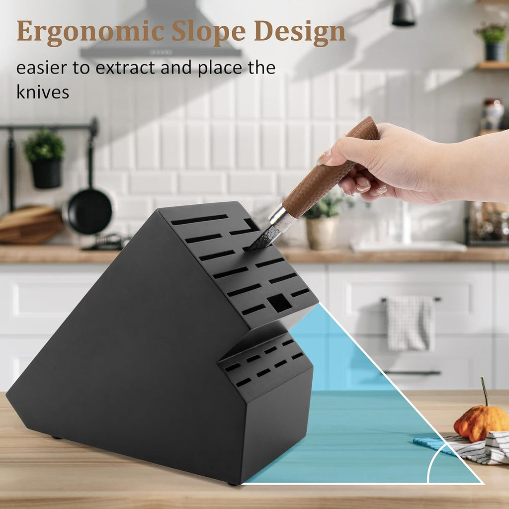 20 Slot Knife Block Storage without Knives,Acacia Wood Universal Knife Holder for Kitchen Countertop,Large Butcher Block Organizer,Easy Kitchen Knife Storage (Black)