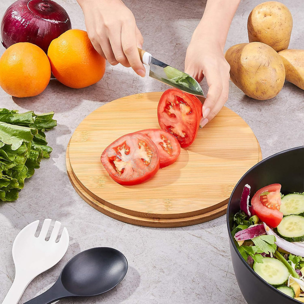 10" Large Salad Serving Bowl with Utensils in Lid, Bamboo Fiber Salad Bowl with Lid, Mixing Bowl with Servers set for Pasta,Fruit,Veggies,Popcorn to Replace Wooden Bowls - Matte Black