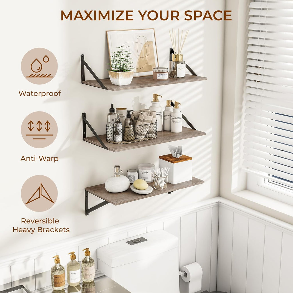 Heimlove 24" W x 12" D Wall Shelves for Books, 12 Inch Deep Floating Shelves Set of 3, Wide Floating Bookshelf with Metal Bracket for Living Room, Kitchen, Office, Bedroom and Decor Storage - Grey