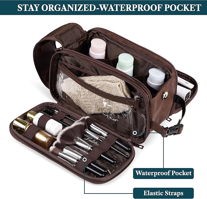 PAVILIA Large Toiletry Bag for Men Women, Mens Travel Bag Toiletries Organizer Case for Grooming, Travel Essentials Shaving Dopp Kit, PU Leather Water Resistant Cosmetic Pouch, Dark Brown