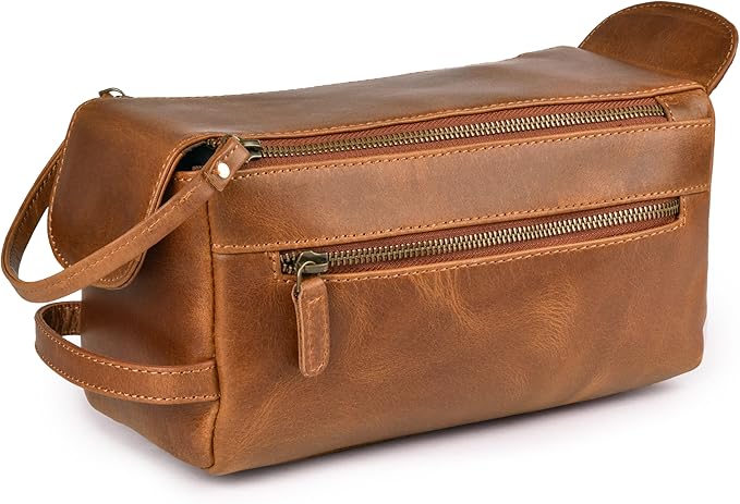 LEATHER VILLAGE Premium Leather Travel Toiletry Bag - Unisex Water-Resistant Travel Dopp Kit, Shaving & Cosmetic Organizer for Men & Women - Compact Bathroom Essentials - Camel Brown
