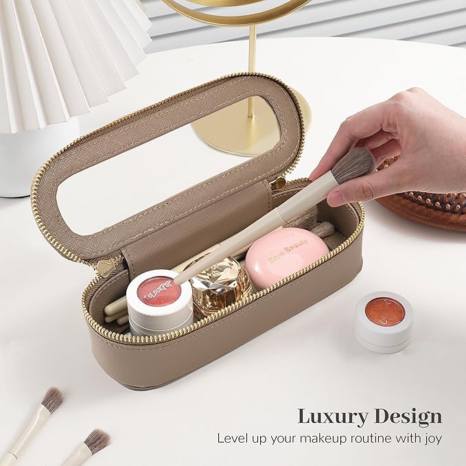 Aveniee Slim Clear Makeup Brush Bag, Small Cosmetic Brush Holder, Mini Toiletry Bag Travel Case for Women, Thin Make up Bags with Dual Zipper, Cute Travel Essentials Bag Organizer - Taupe