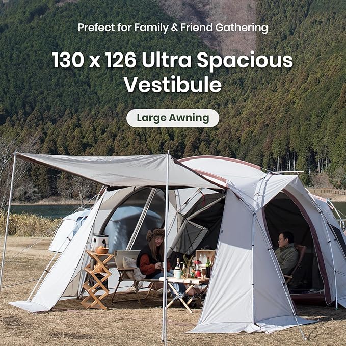 S'More Glamping Tent with Porch, 2/3/4/5/6 Person Durable Weatherproof Camping Tent, Large Family Tent with Room Divider, Easy Setup Tent with Screen Room