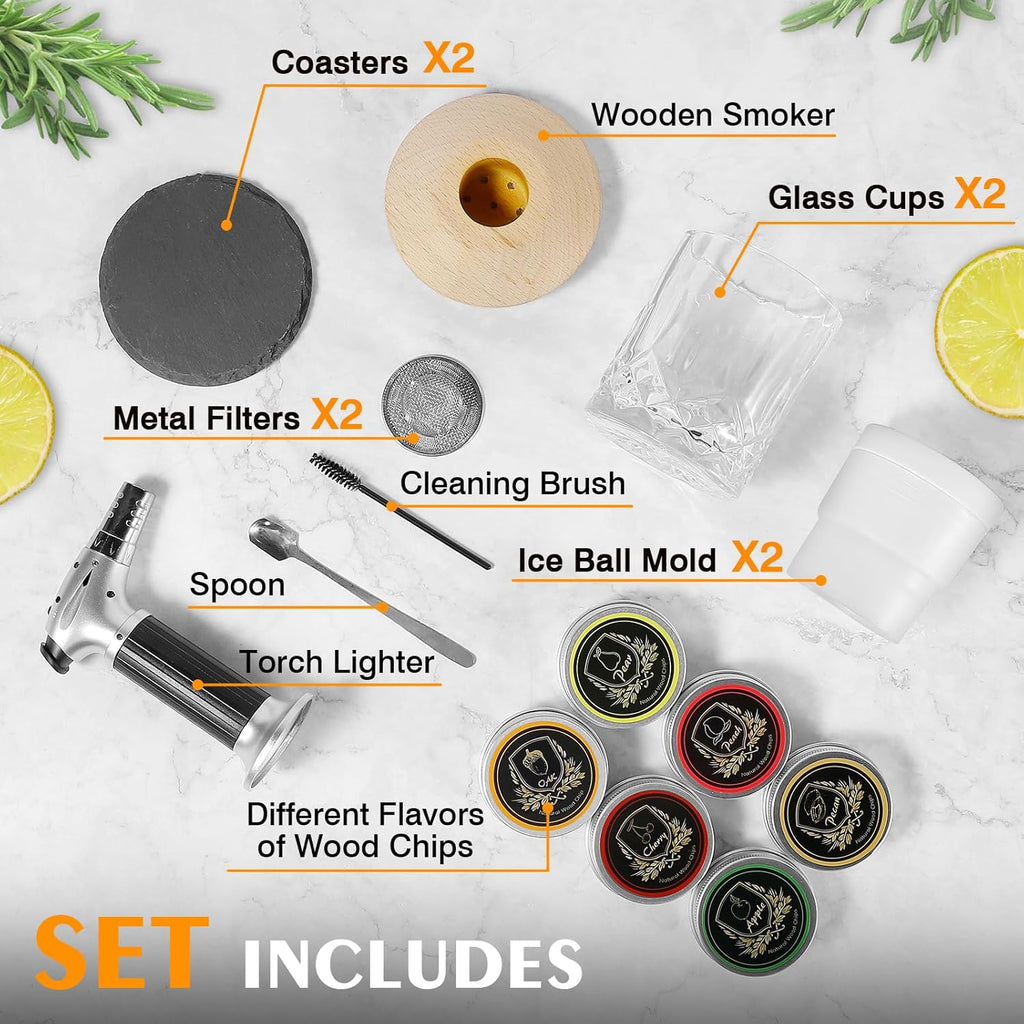 Whiskey Cocktail Smoker Kit with Torch, 6 Flavors Wood Chips, 2 Whiskey Glasses, 2 Ice Ball Molds, Bourbon Old Fashioned Drink Smoker Kit, Gifts for Men, Dad, Husband, Boyfriend(No Butane)