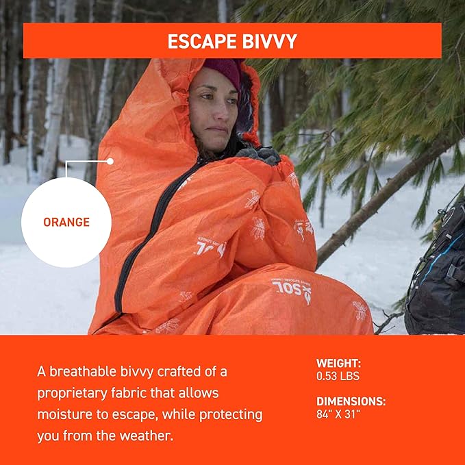 SOL Escape Bivvy with Hood - Emergency Preparedness Blanket - Reflects Up to 70% Body Heat - Outdoor Survival Bivvy - Water Resistant - Durable & Breathable - Winter Camping Supplies - Orange