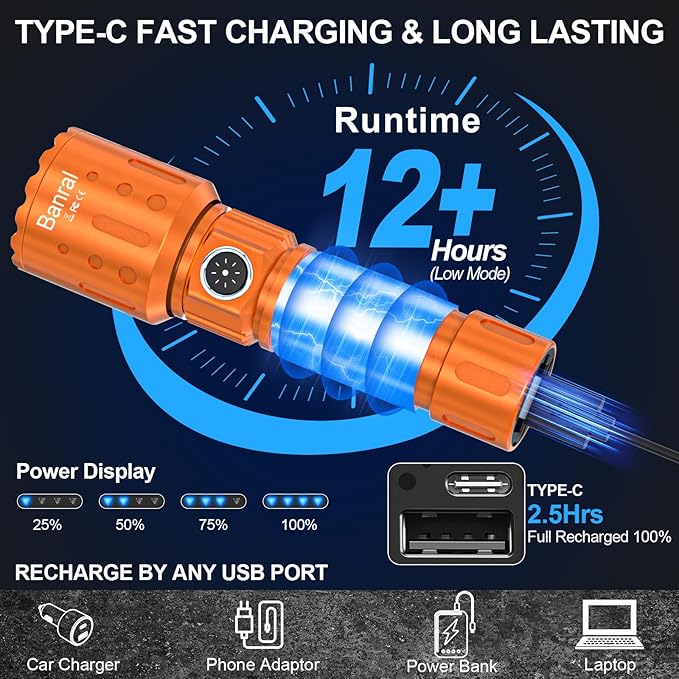 Flashlights High Lumens Rechargeable, 20000 Lumens Super Bright 1500 Meters Long Range Small Powerful Flashlight, 6 Modes LED Tactical Pocket Waterproof Flash Light for Camping (2, Black/Orange)