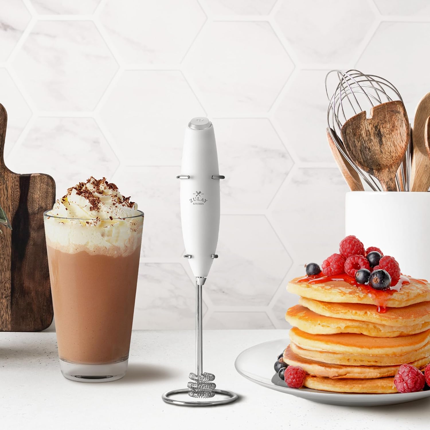 Zulay Kitchen Milk Frother with Patented Tornado Triple Whisk – Handheld Foam Maker for Coffee, Lattes, Matcha & Hot Chocolate – Rich, Creamy Froth in Seconds -
