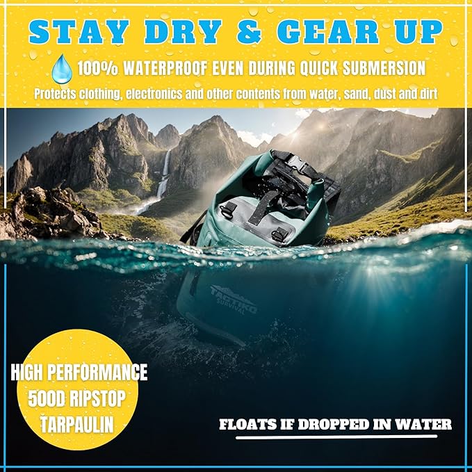 TACTIKO 30L Heavy-Duty 100% Waterproof Backpack, Roll Top Dry Bags for Kayaking, Hiking, Camping, Survival