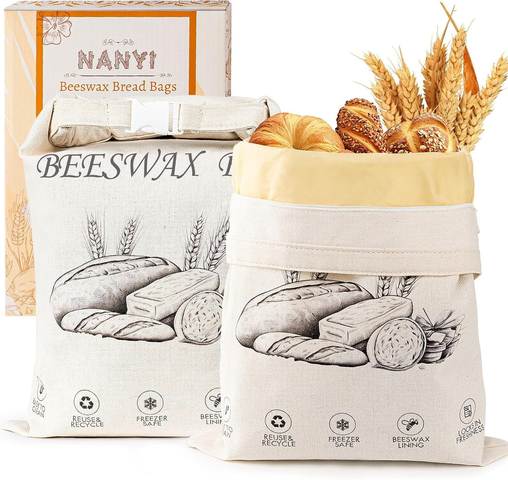 2-Pack Reusable Beeswax Bread Bags for Sourdough & Homemade Bread，Cotton Waxed Bags Keeps Fresh Longer(Ivory Loaf)