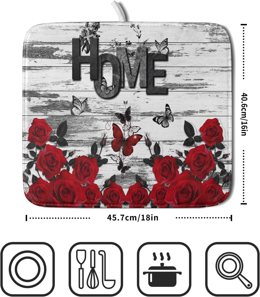 Red Rose Dish Drying Mat 16x18 inch Romantic Floral Absorbent Microfiber Sink Counter Dishware Drainer Pad for Kitchen Coffee Bar Decor