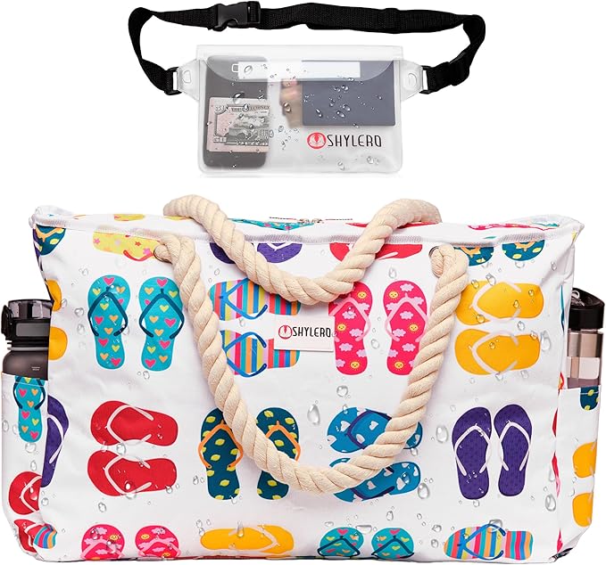 SHYLERO Beach Bag and Pool Bag. Has Airtight Pouch, Ton of Pockets. Beach Tote is Zippered, Water Resistant. Family Size
