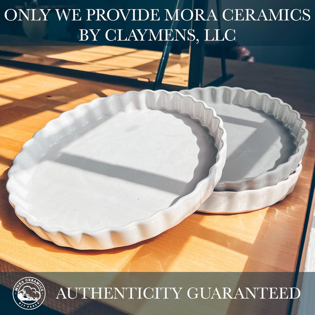 Mora Ceramic Tart Pan, 9.5 Inch Large Porcelain Baking Dish for Tarts, Quiche, Pie, Flan etc. Fluted Ruffled Edge, Oven, Microwave, Freezer, and Dishwasher safe - Great Gift For Bakers - Vanilla White