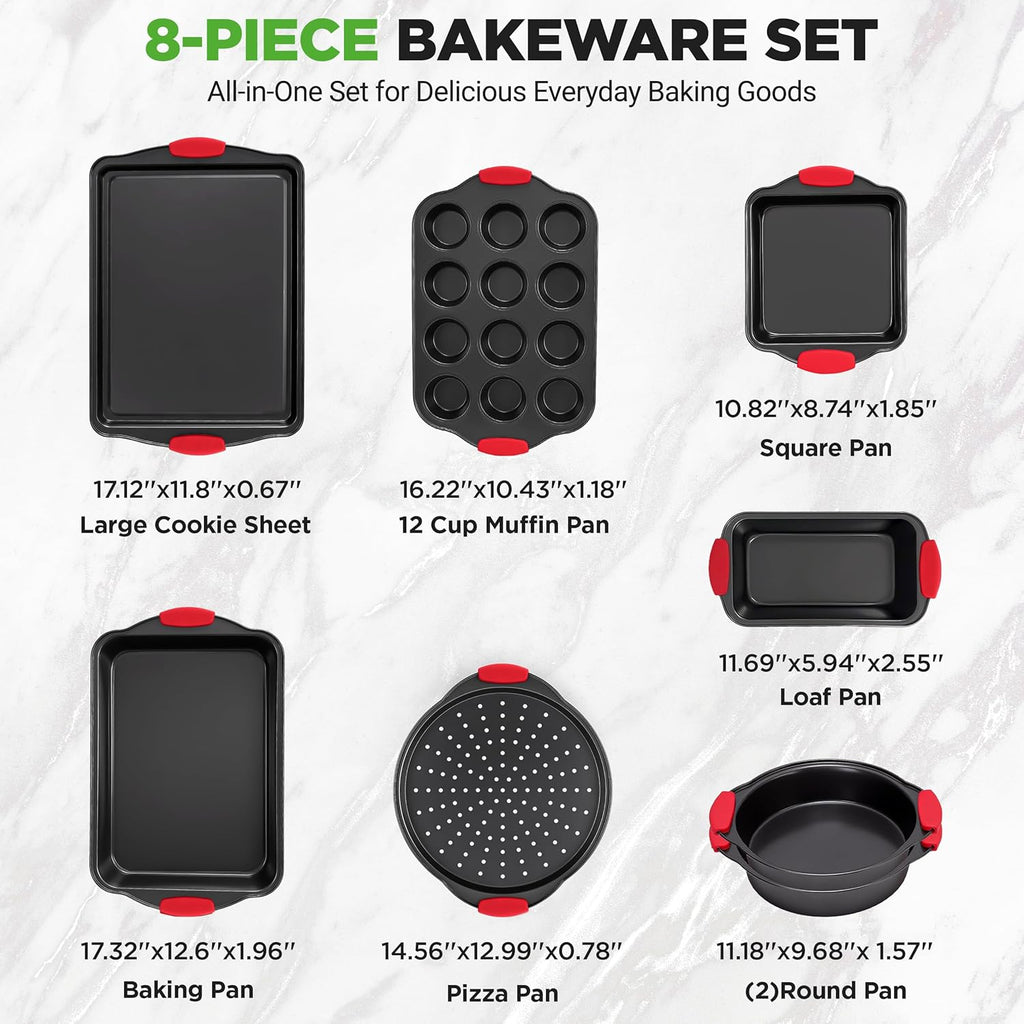 NutriChef Non-Stick Kitchen Oven Baking Pans-Deluxe & Stylish Nonstick Gray Coating Inside Outside, Commercial Grade Restaurant Quality Metal Bakeware with Red Silicone Handles NCSBS8S, 8 Piece Set