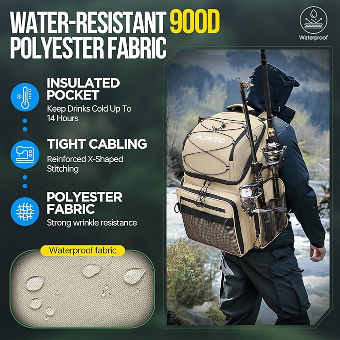 PLUSINNO Cooler Fishing Backpack with Rod Holders 45L Large Water-resistant Fishing Tackle bag Store Fishing Gear Fishing Gifts for Men Father
