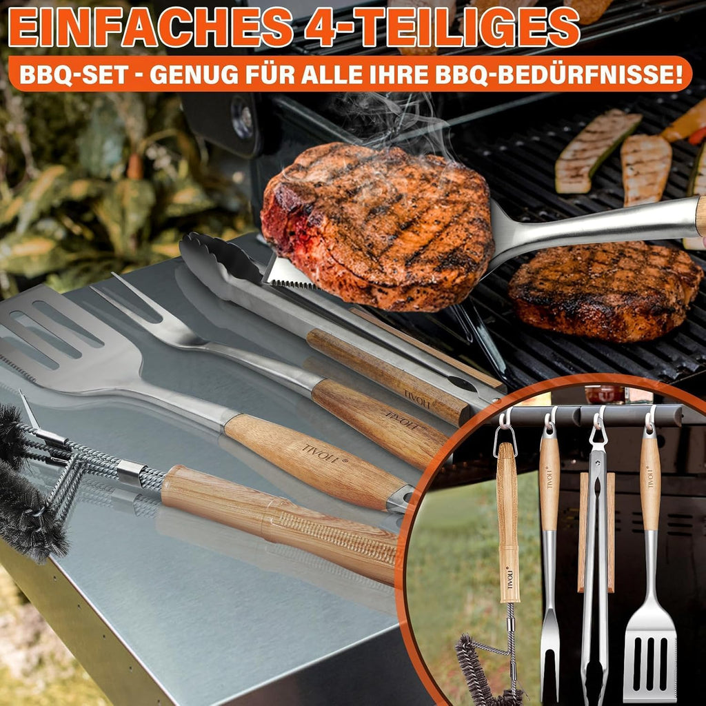TIVOLI 4PCS Grilling Accessories, Heavy Duty BBQ Tool Set with Stainless Steel Spatula, Tongs, Fork, Cleaning Brush, Wood Handles Barbecue Utensils Kit for Outdoor, Perfect Grill Gifts for Dad Men