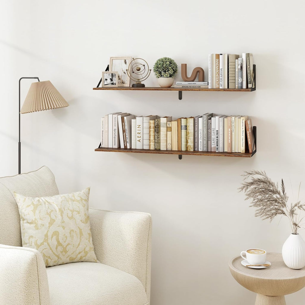 Heimlove Deep Floating Shelves for Wall, 36W x 8D Wood Wall Shelves Set of 2, Wide Floating Bookshelf for Living Room, Kitchen, Office, Bedroom and Decor Storage, with Metal Bracket - Rustic Brown