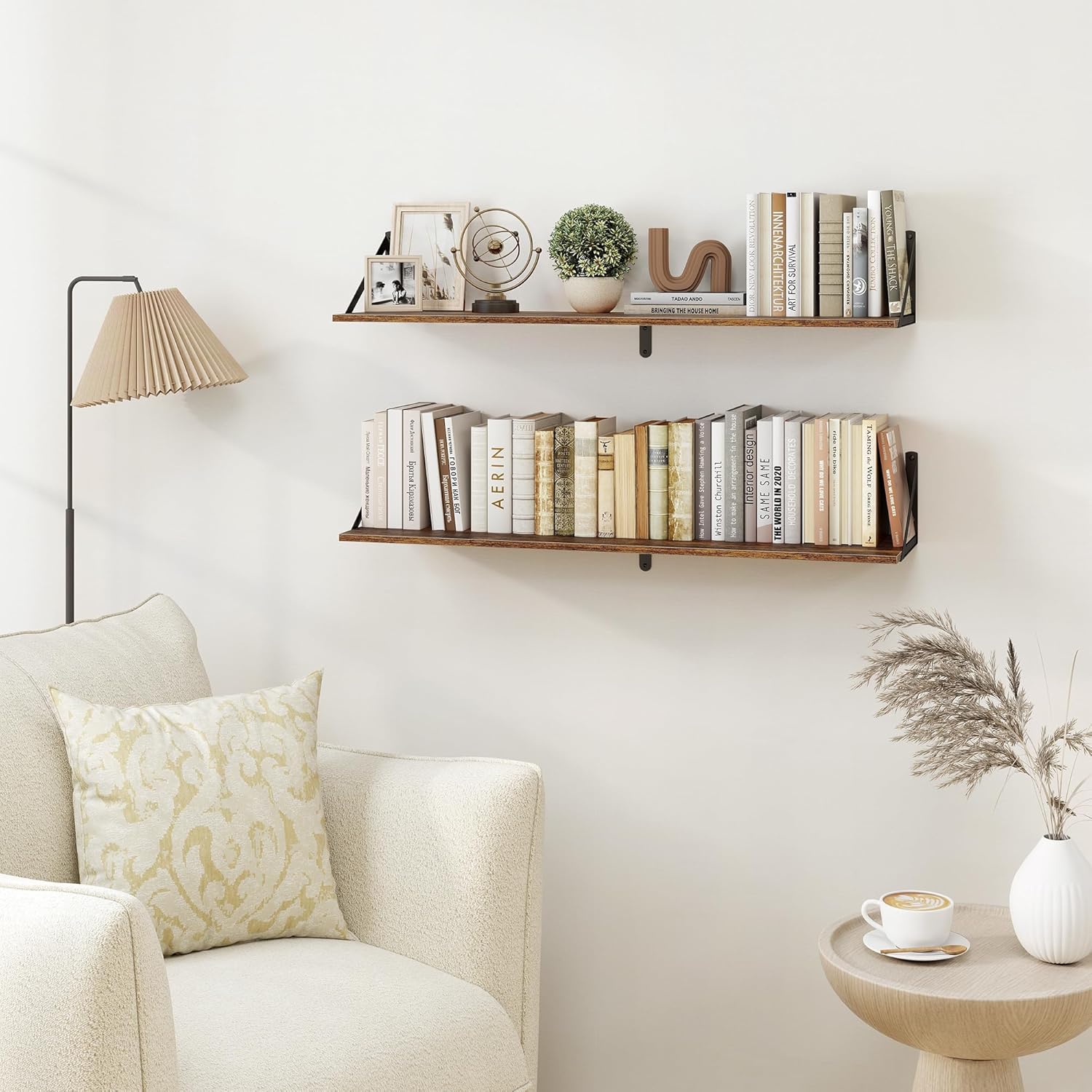 Heimlove Deep Floating Shelves for Wall, 36W x 8D Wood Wall Shelves Set of 2, Wide Floating Bookshelf for Living Room, Kitchen, Office, Bedroom and Decor Storage, with Metal Bracket - Rustic Brown