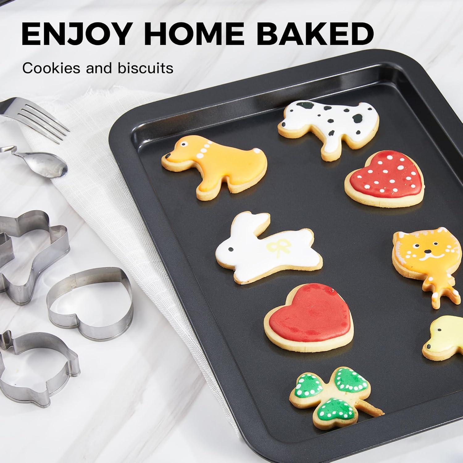 HONGBAKE Baking Sheet with Cookie Cutters, Jelly Roll/Quarter Baking Pan Set for Oven, 8 Pack Nonstick Bakeware Sets with Wider Grips, Premium, Dishwasher Safe - Dark Grey