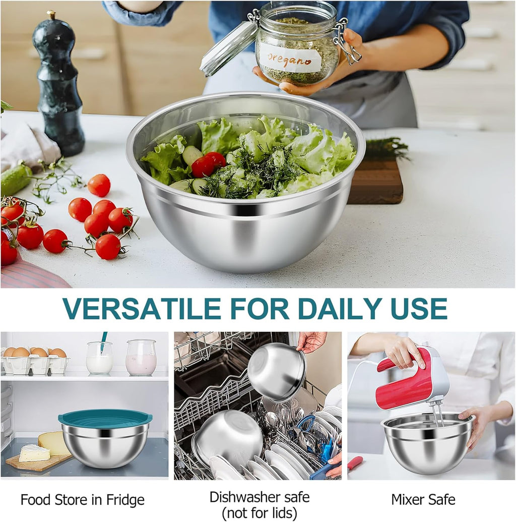 TeamFar Mixing Bowls, Stainless Steel Nesting Salad Bowls with Airtight Lids Set, For Serving/Mixing/Storing, Healthy & Heavy-duty, Dishwasher Safe & Easy Clean, 4.6/3 / 1.5 QT, Navy Blue