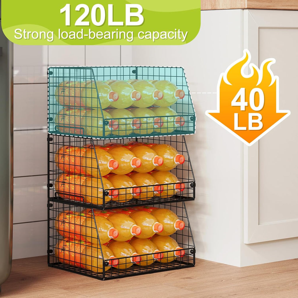 3 Pack XXL Stackable Wire Baskets, Large Storage Bins for Onion, Potato, Vegetable, Fruit, Snack, Pantry Baskets for Kitchen Cabinet Countertop, Pantry Organizers and Storage Solutions