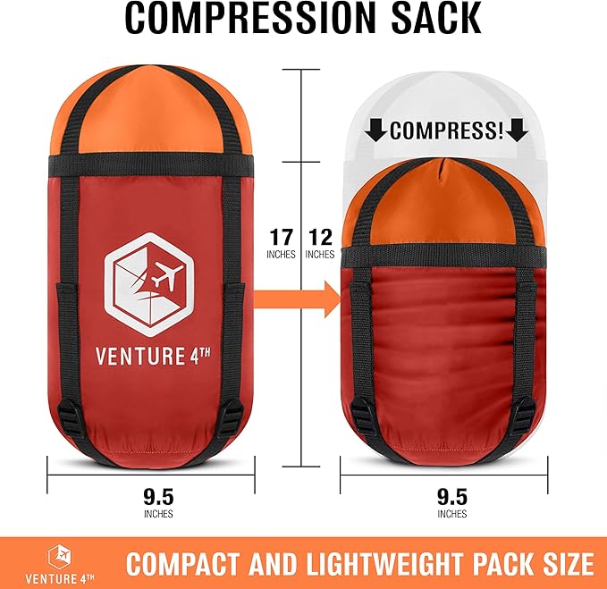 VENTURE 4TH Backpacking Sleeping Bag – XXL, Double and Single Sizes - Lightweight Warm & Cold Weather Sleeping Bags for Adults, Kids & Couples – Ideal for Hiking, Camping & Outdoor Adventures
