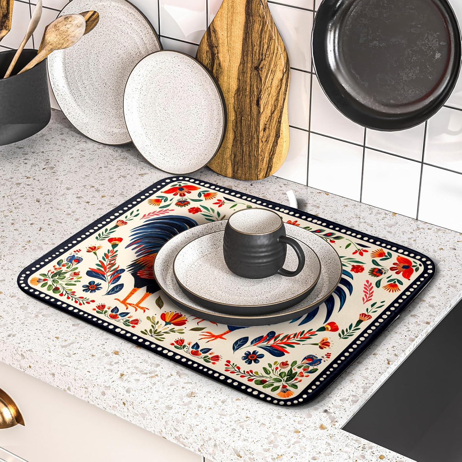 Roosters Chicken Dish Drying Mat for Kitchen Counter Absorbent Microfiber Drying Pad 16 x18 In
