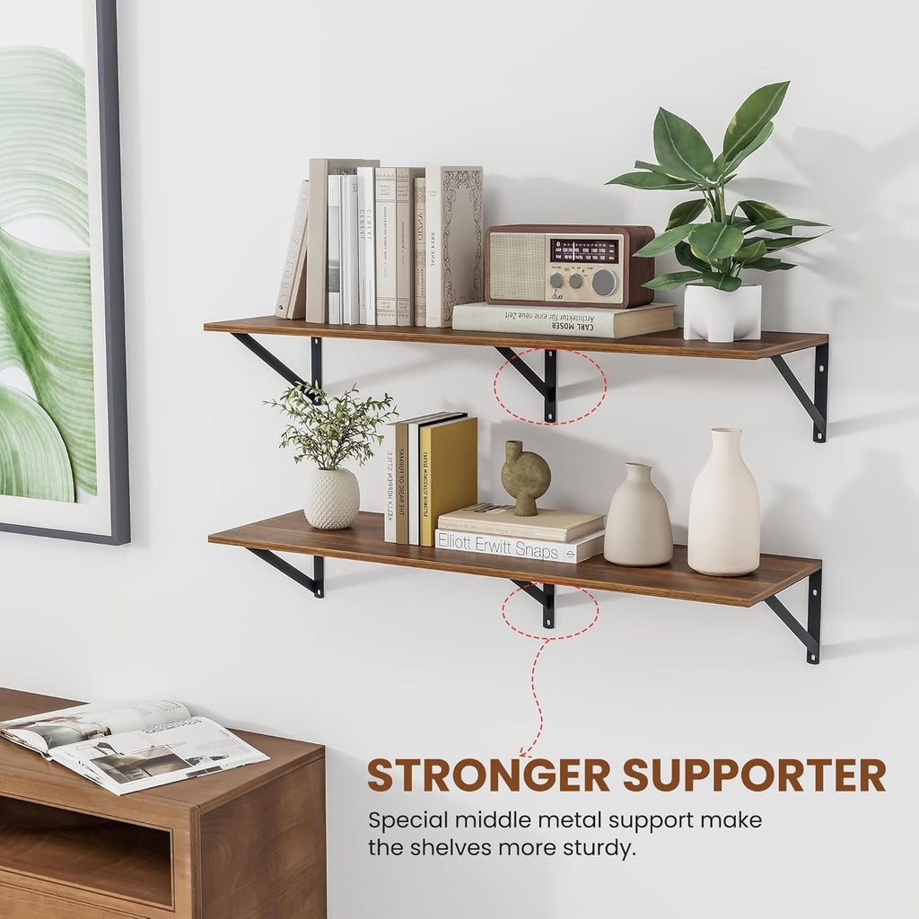 Heimlove 12 Inch Deep Floating Shelves for Wall, 36W x 12D Wood Wall Shelves Set of 2, Walnut Wide Floating Bookshelf for Living Room, Kitchen, Office, Bedroom, with Black Metal Bracke - Walnut