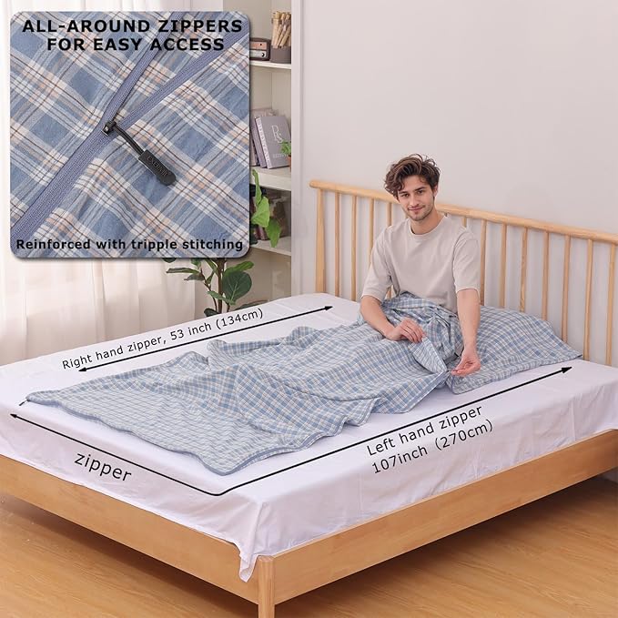 100% Cotton Sleeping Bag Liner with Full Length Zipper on 3 Sides; Single/Double Adult Sleep Sack for Travel & Camping, Multifunctional Travel Sheets (Unzipped 87”x87”) for Hotel, Lightweight