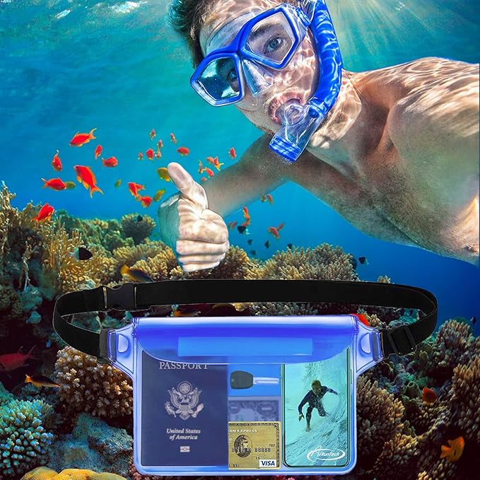 AiRunTech Waterproof Pouch with Waist Strap (2 Pack) | Beach Accessories Best Way to Keep Your Phone and Valuables Safe and Dry | Perfect for Boating Swimming Snorkeling Kayaking Beach Pool Water Park