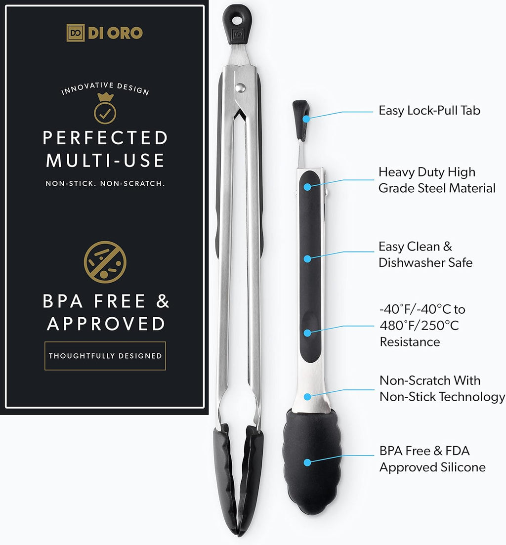 DI ORO Silicone Tongs for Cooking - Heat-Resistant Kitchen Tongs for Cooking with Silicone Tips - Small 9" & Large 12" for Nonstick Cookware - Stainless Steel Rubber Tipped (2pc, Black)