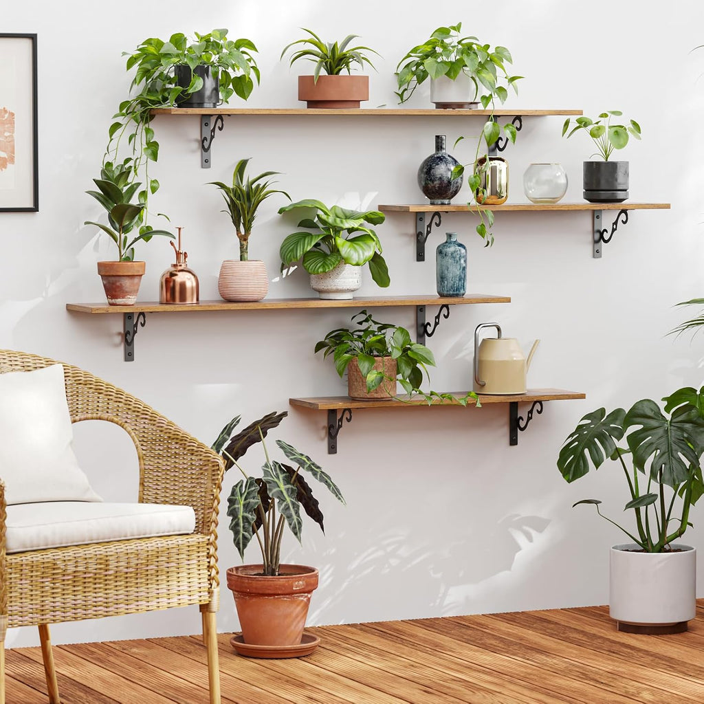 DINZI LVJ Long Wall Shelves, 39.4 Inch Large Floating Shelves Set of 4, Wide Display Shelf Wall Mounted with Brackets, Easy Hanging for Living Room, Toilet, Office, Bedroom, Rustic Brown