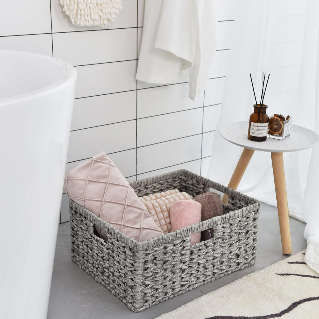 GRANNY SAYS Large Wicker Basket for Storage, Waterproof Baskets for Shelves, Storage Baskets with Handles, Grey Basket for Storage, 1-Pack