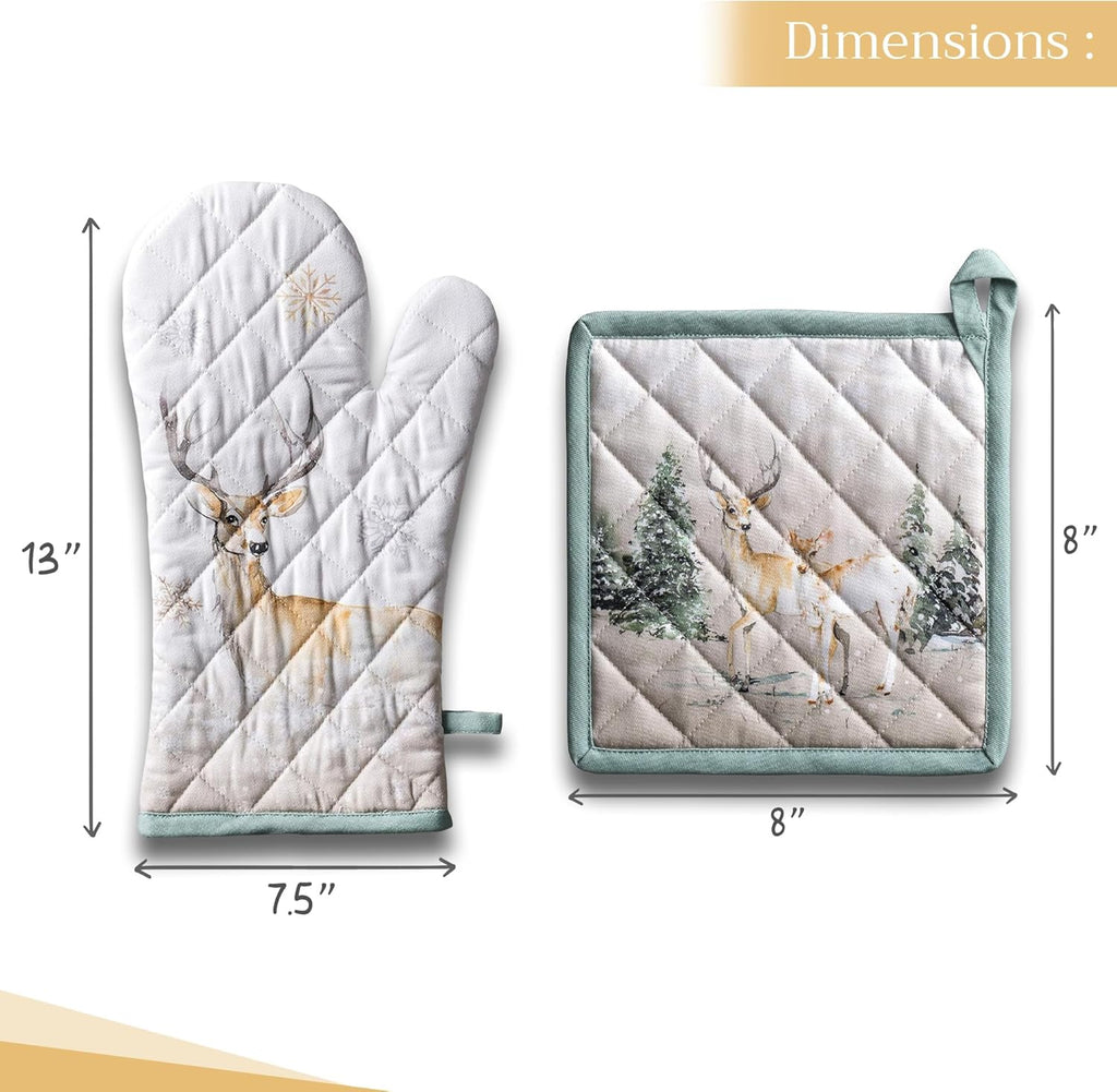 Maison d' Hermine 100% Cotton Oven Mitt & Pot Holder Set (7.5"x13" & 8"x8") Heat Resistant BBQ Cooking Gloves with Loop, Baking, Grilling, Kitchen, Handling Hot Pans (Deer in The Woods)