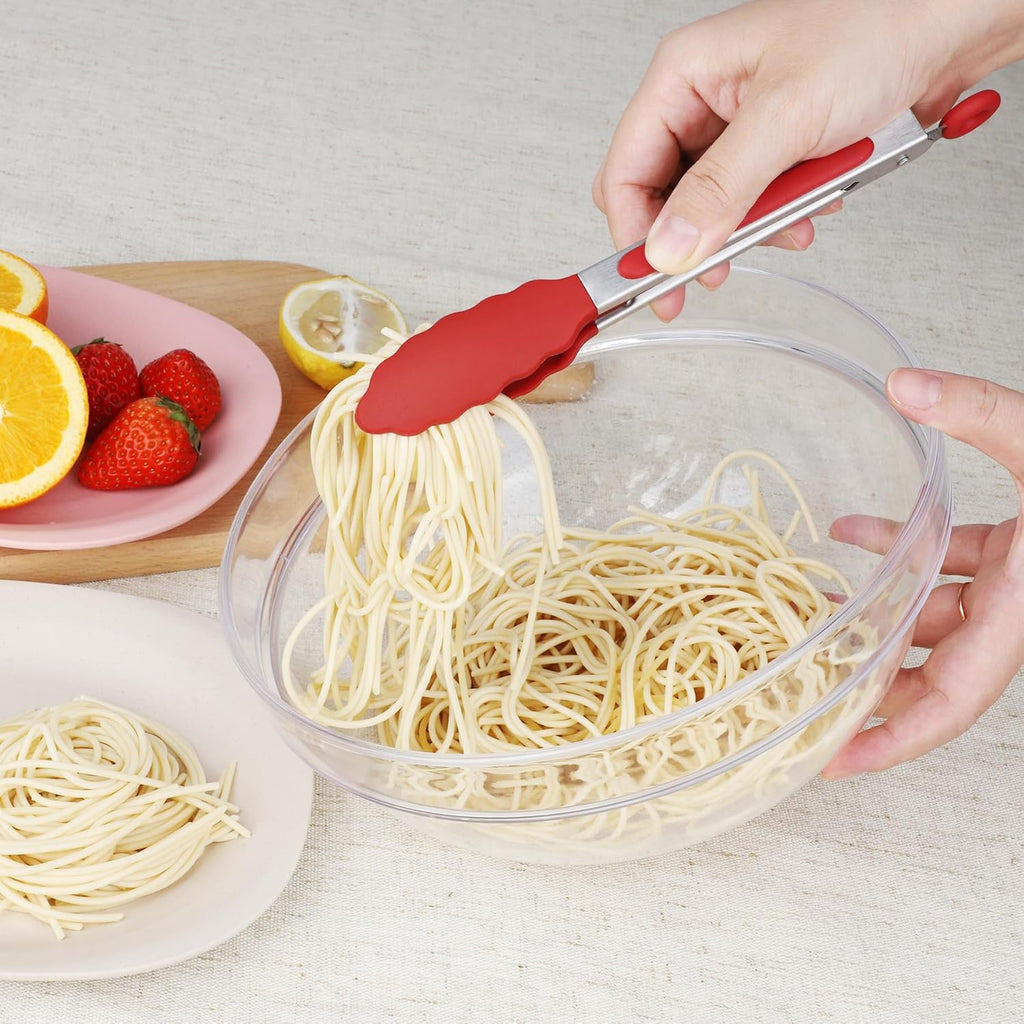 Hotec Mini Silicone Kitchen Tongs for Cooking - 7-Inch Small Serving Tongs with Silicone Tips, Set of 3 (Red)