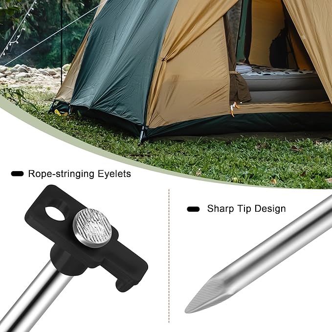 Aodaer 24 Pack Tent Stakes Heavy Duty Tent Pegs 10.25 Inch Non-Rust Metal Yard Stakes with 4x10ft Ropes and Storage Bag Inflatable Stakes for Gardening & Canopies, Camping Halloween Christmas, Black