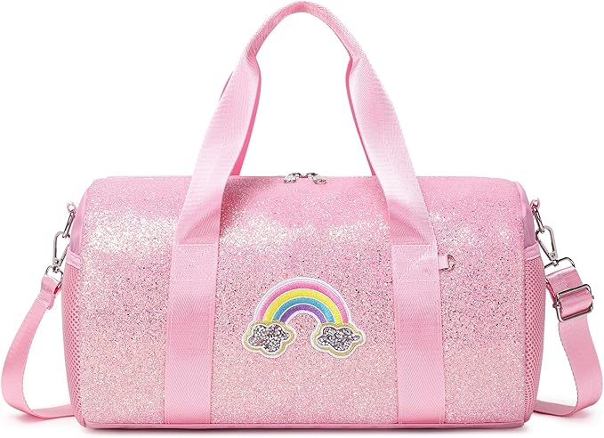Dance Bag for Girls Ballet Bag Shiny Rainbow Glitter Sports Duffle Bag for Kids Girls Ballerina Duffle with Waterproof Dry Wet Separated Compartment