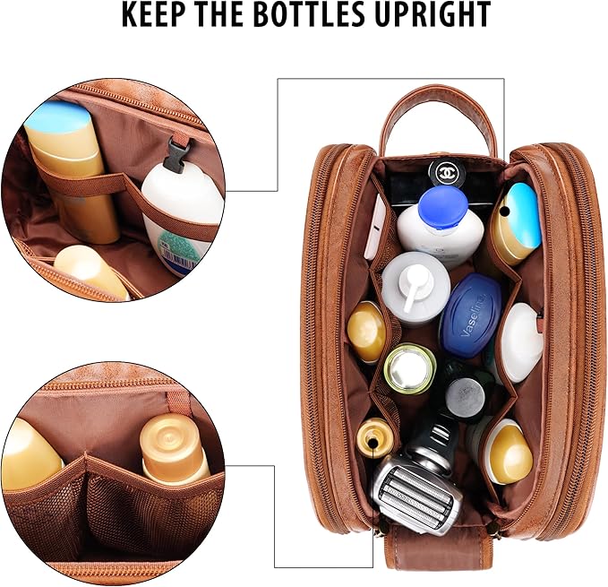 Travel Toiletry Bag for Men, Large Hanging Toiletries Organizer Bags for Women, Cruise Ship Essentials, Water-resistant Shaving Case, PU Leather Makeup Accessories, Cosmetic Dopp Kit, Brown
