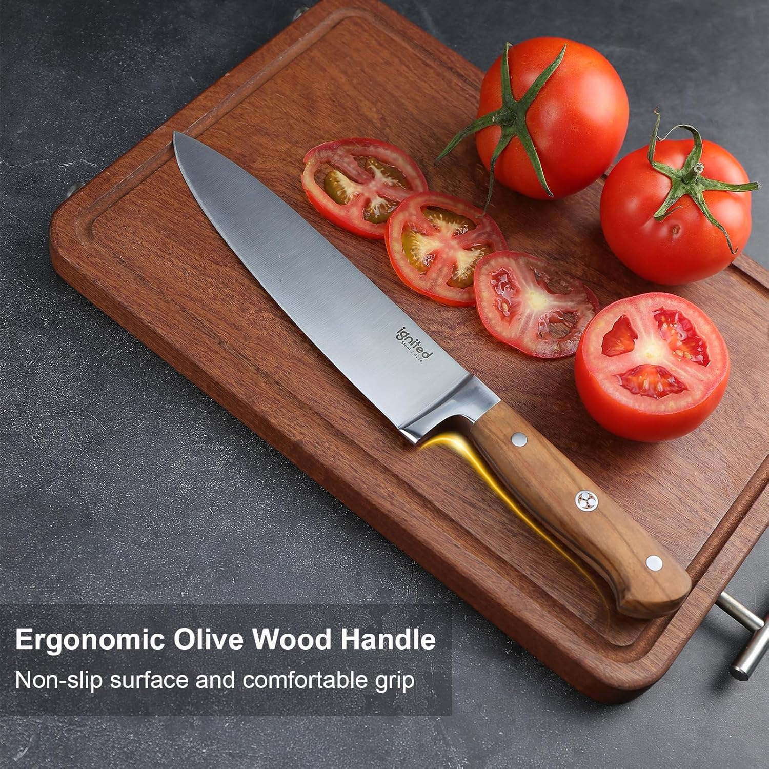 8 Inch Chef Knife, 1.4116 German High Carbon Steel Chef's Knife, Chefs Knife with Ergonomic Olive Wood Handle, Professional Full Tang Kitchen Knife with Gift Box