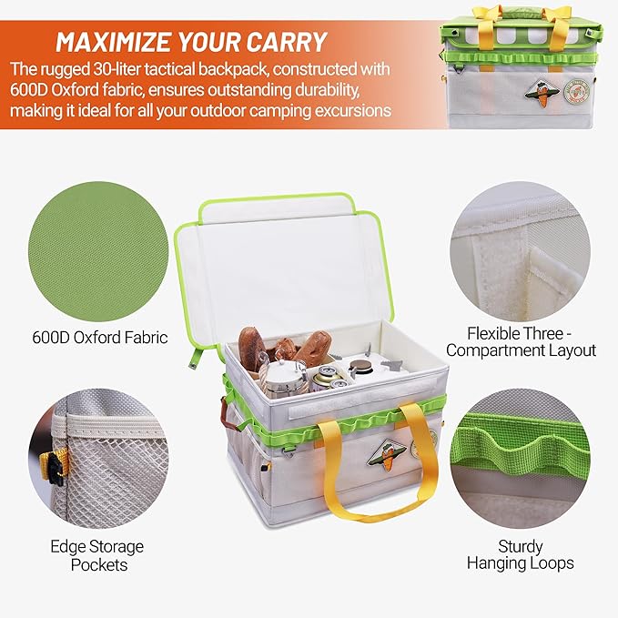 30L Camping Storage Bag with Lid, Carrot Orange Camping Organizer Containers, Picnic Basket Chuck Box Tactical Bag for Hiking Cookware Travel Car