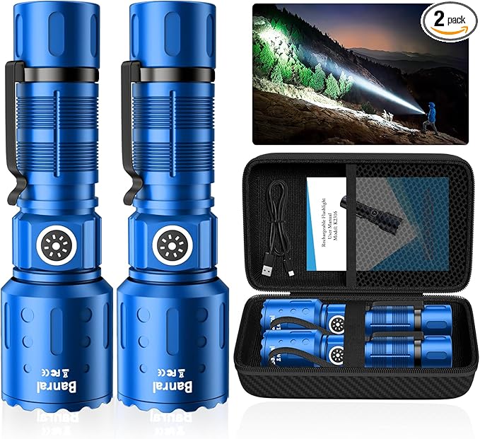 Flashlights High Lumens Rechargeable, 20,000 Lumens Super Bright 1500 Meters Long Range Small Powerful Flashlight, 6 Modes LED Tactical Pocket Waterproof Flash Light for Home Emergency (2, Blue)
