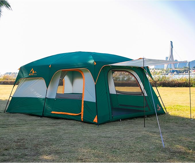 KTT Extra Large Tent 10-12-14 Person(A),Family Cabin Tents,2 Rooms,3 Doors and 3 Windows with Mesh,Straight Wall,Waterproof,Double Layer,Big Tent for Outdoor,Picnic,Camping,Family Gathering