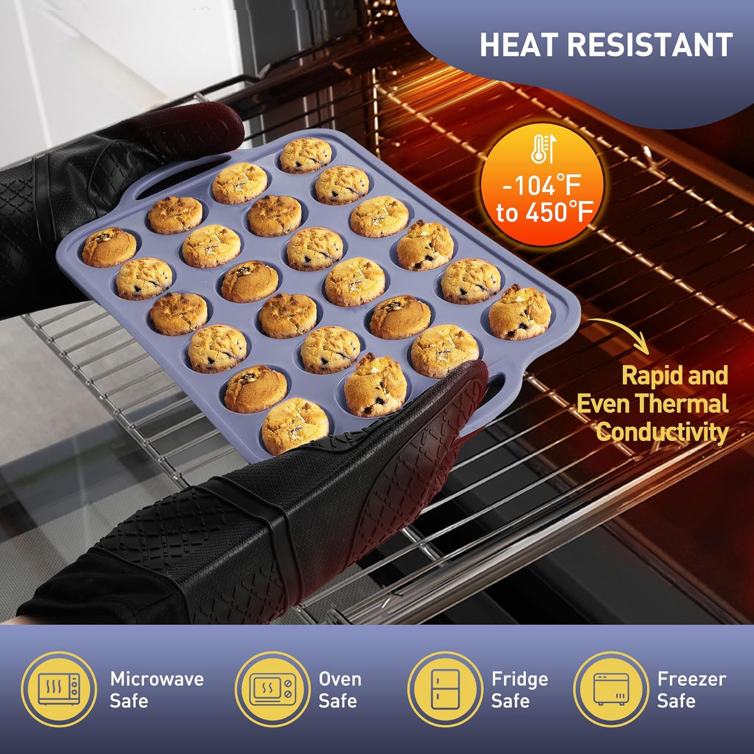 2 Packs 24 Cups Silicone Muffin Pan with Metal Reinforced Frame Mini Size Cupcake Pan Tray Egg Bites Silicone Circle Cookie Molds Muffin Tin Tart Pans Baking Sheet Set for Breakfast Sandwiches