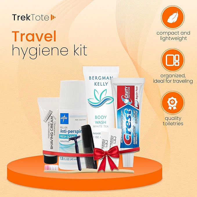 Trektote Travel Toiletry Kit For Men And Women – 10 Piece Set of Travel Size Toiletries, TSA Compliant, Includes Body Wash, Deodorant, Shaving Cream And Razor, Oral Care, Reusable Toiletry Bag & More